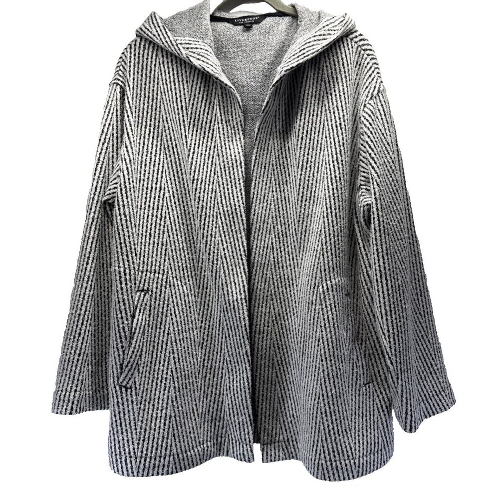 Liverpool LA Women's Hooded Open Sweater Coat Sz Small Gray White Chevron Stripe